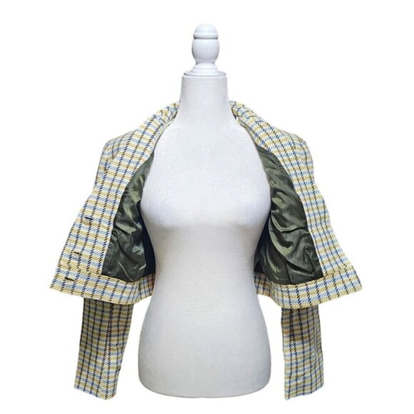 NWT ASOS yellow & blue short plaid cropped blazer with pearl accents size 8 - Picture 2 of 10